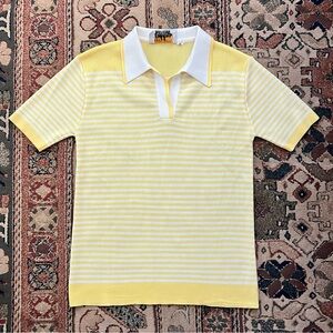 Vintage Poly Knit Yellow & White Striped Polo Top